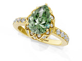 Yellow gold Fancy Green Pear Cut Diamond Scalloped Halo Engagement Ring with Round Shared Prong Band_25