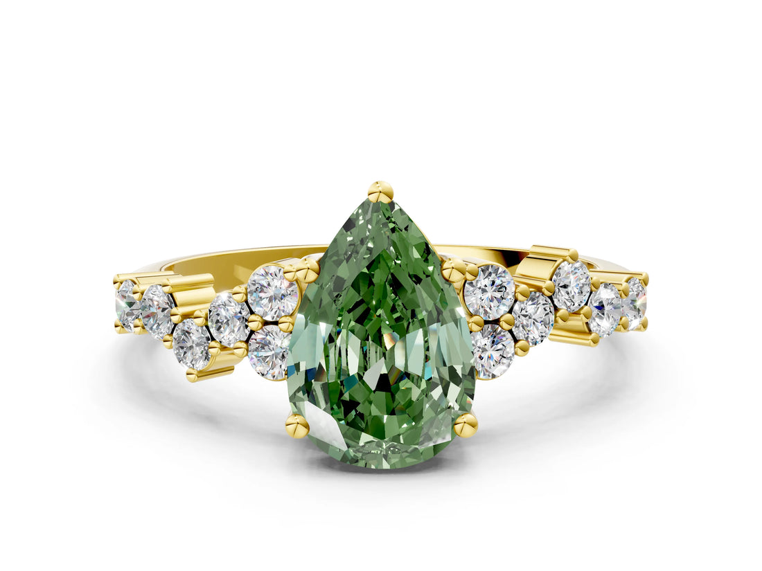 Yellow gold Fancy Green Pear Cut Diamond Scattered Round Accent Ring with Prong Setting_12