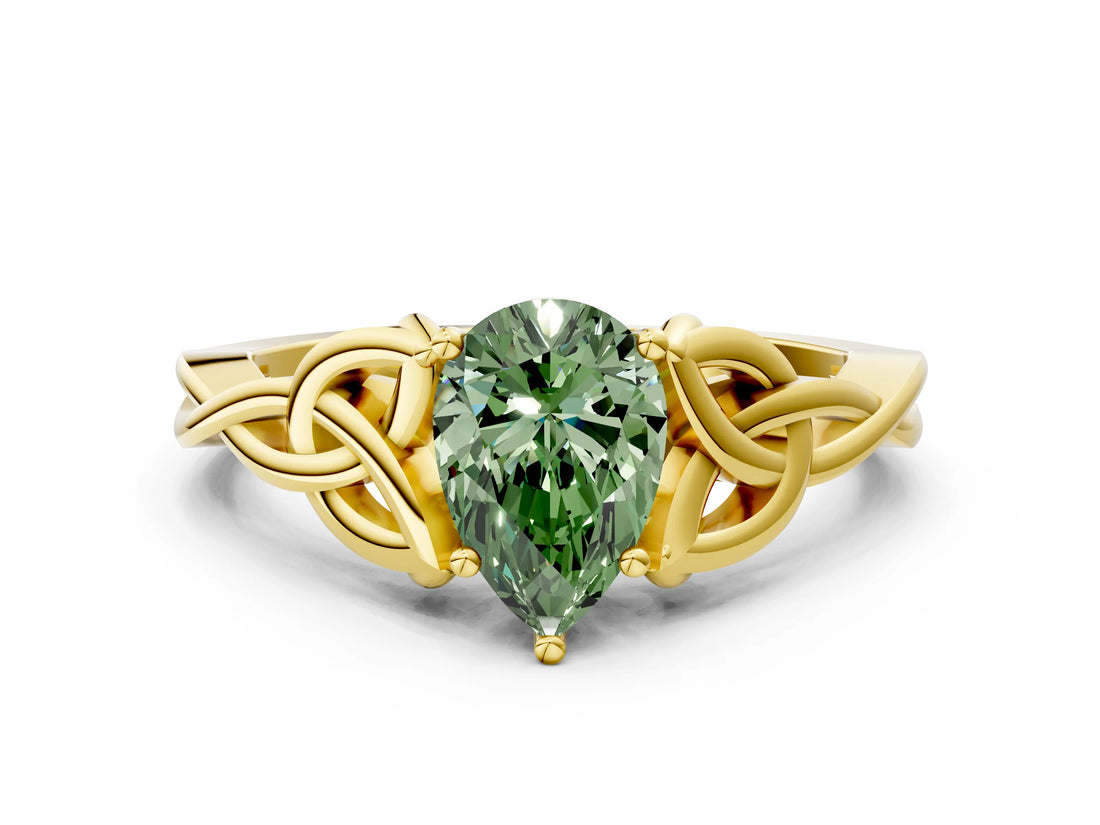 Yellow gold Fancy Green Pear Cut Diamond Solitaire Celtic Knot Ring with Four-Prong Setting_41