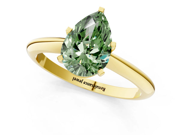 Yellow gold Fancy Green Pear Cut Diamond Solitaire Engagement Ring with Classic Band and Four-Prong Setting