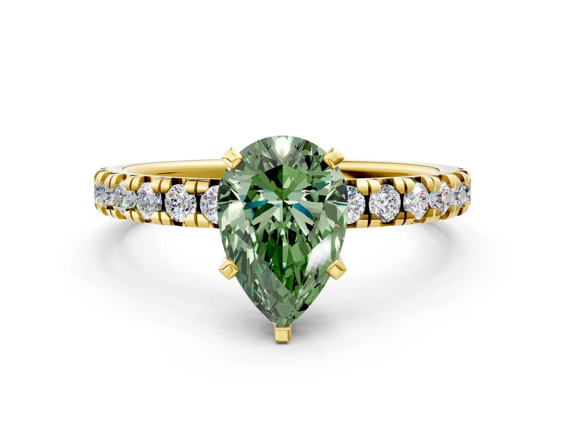 Yellow gold Fancy Green Pear Cut Diamond Solitaire Pavé Engagement Ring with Round Band and Prong Setting_54