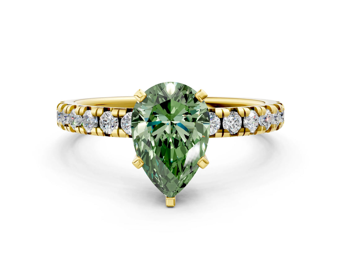 Yellow gold Fancy Green Pear Cut Diamond Solitaire Pavé Engagement Ring with Round Band and Prong Setting_66