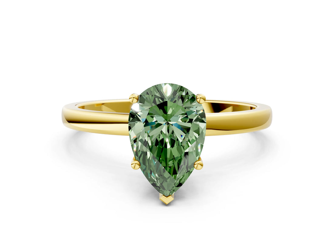 Yellow gold Fancy Green Pear Cut Diamond Solitaire Ring with Classic Band and Four-Prong Setting