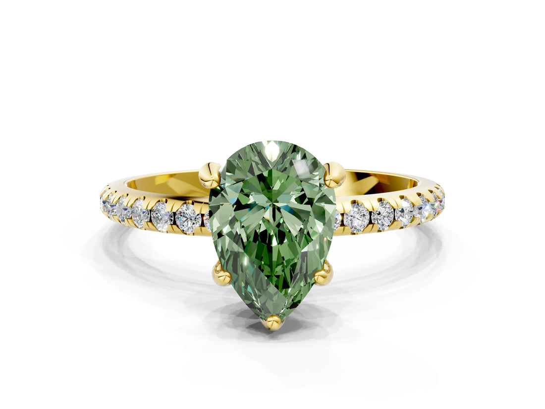 Yellow gold Fancy Green Pear Cut Diamond Solitaire Ring with Four-Prong Setting and Pavé Band_3