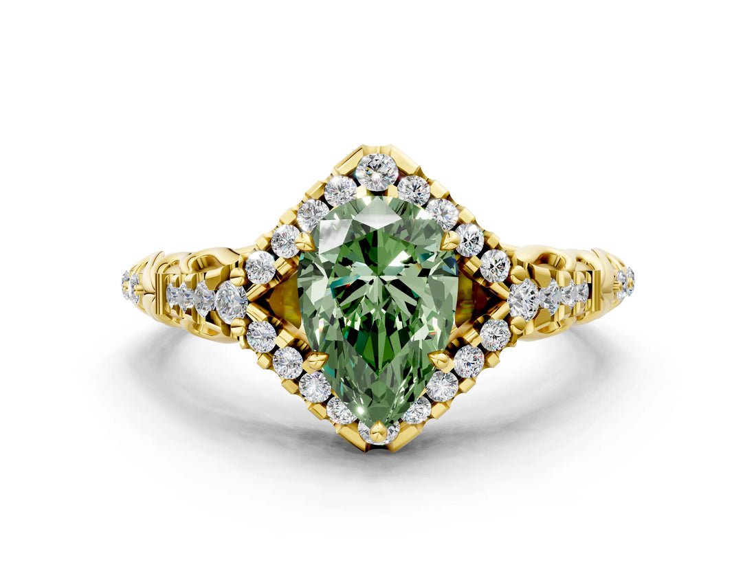 Yellow gold Fancy Green Pear Cut Diamond Solitaire Ring with Hidden Halo and Pavé Band_27
