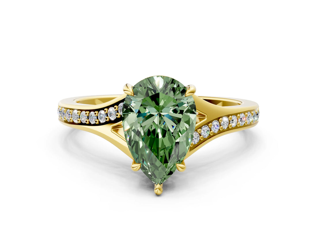 Yellow gold Fancy Green Pear Cut Diamond Solitaire Ring with Pavé Band and Prong Setting_12