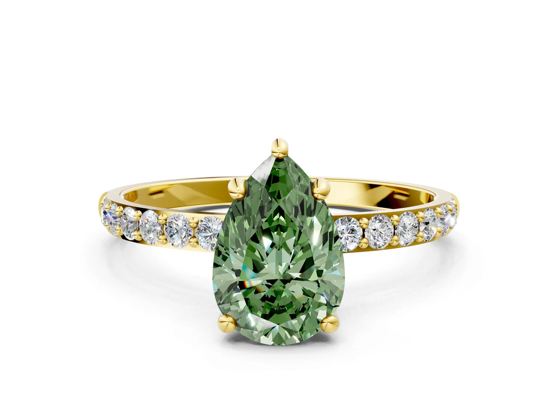 Yellow gold Fancy Green Pear Cut Diamond Solitaire Ring with Pave Band and Four Prong Setting_71