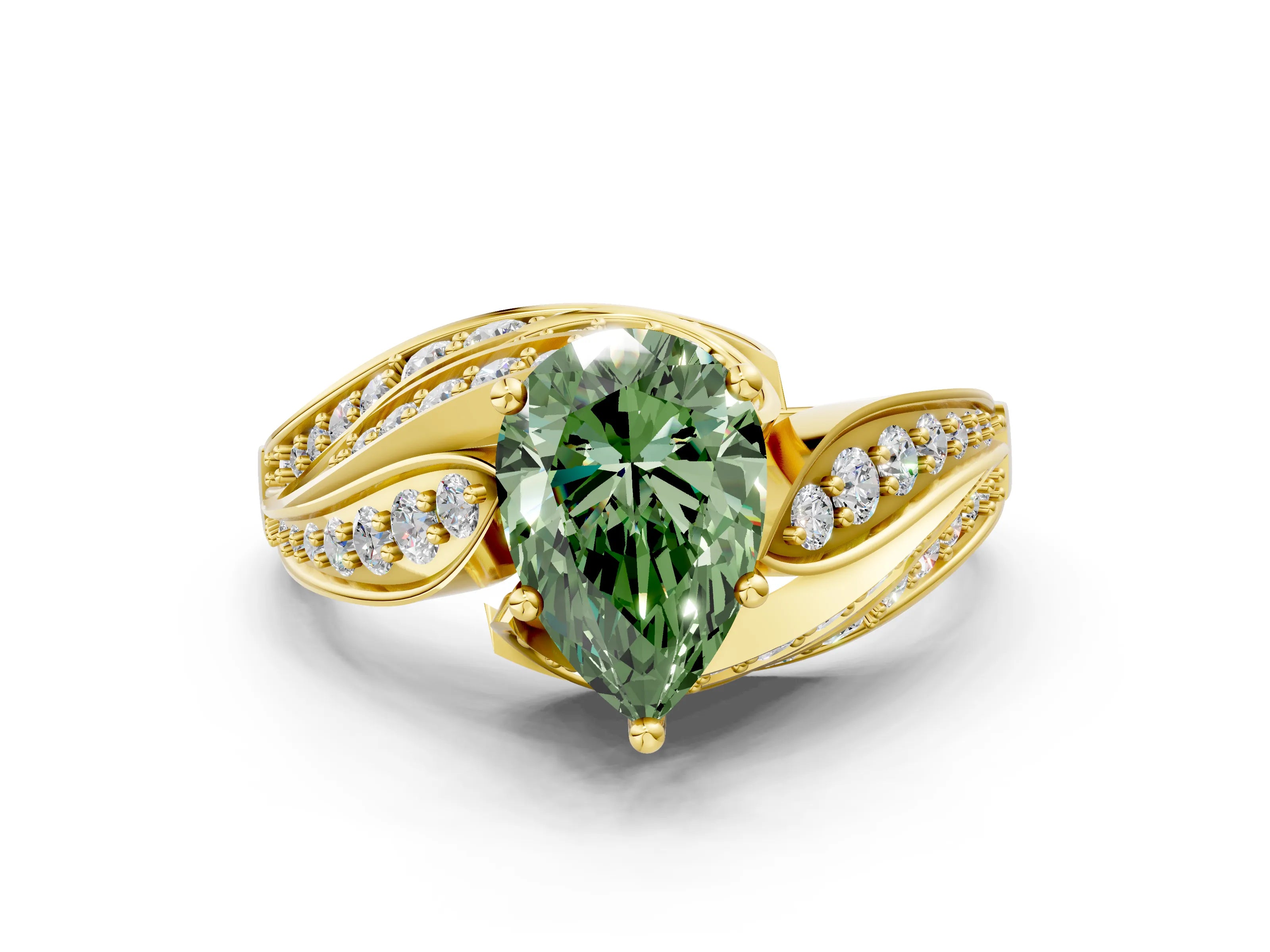 Yellow gold Fancy Green Pear Cut Diamond Solitaire Ring with Prong Setting and Twisted Pavé Band