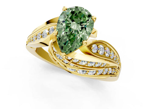 Yellow gold Fancy Green Pear Cut Diamond Solitaire Ring with Prong Setting and Twisted Pavé Band_1