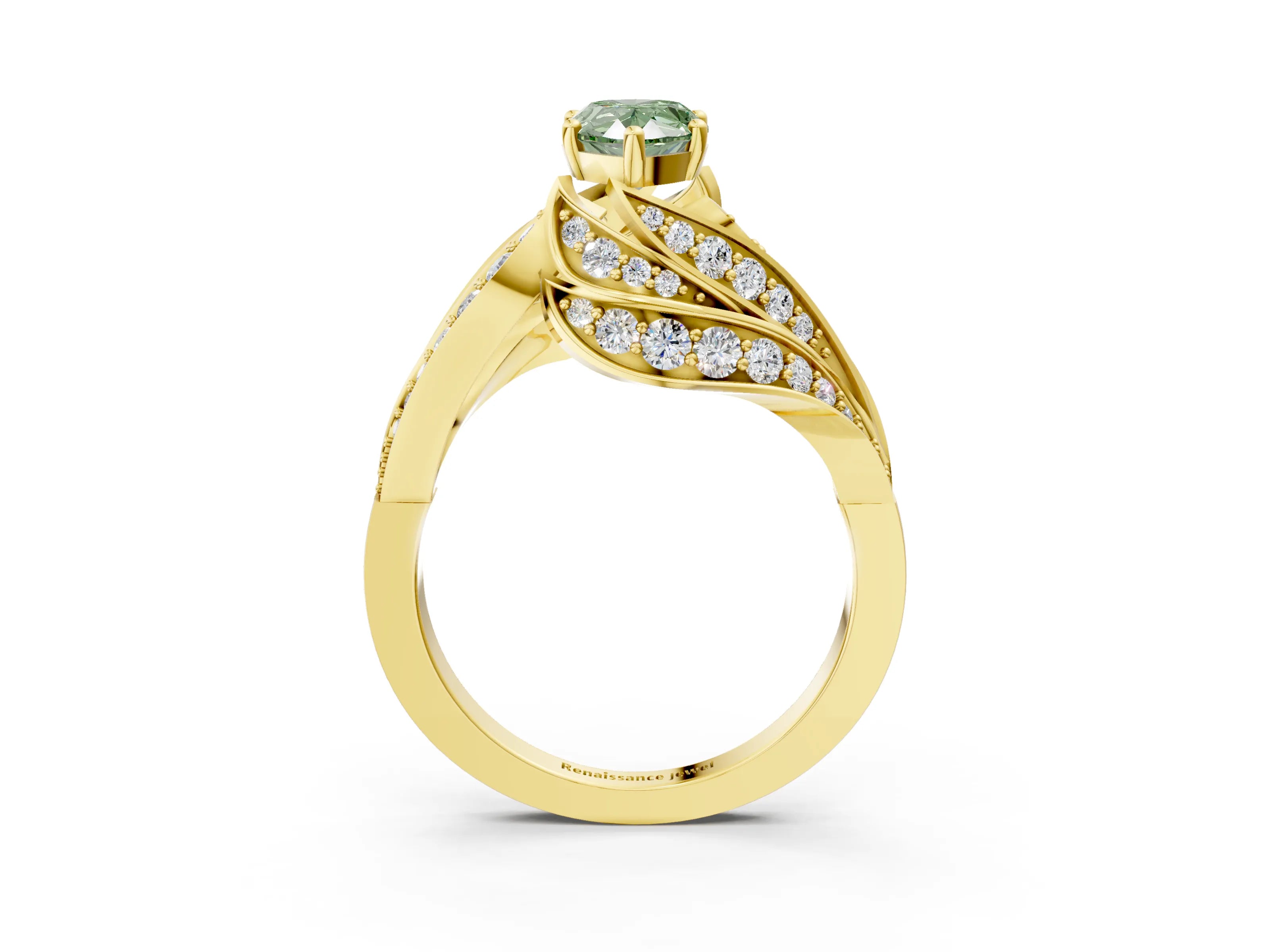 Yellow gold Fancy Green Pear Cut Diamond Solitaire Ring with Prong Setting and Twisted Pavé Band_3