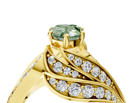 Yellow gold Fancy Green Pear Cut Diamond Solitaire Ring with Prong Setting and Twisted Pavé Band_4