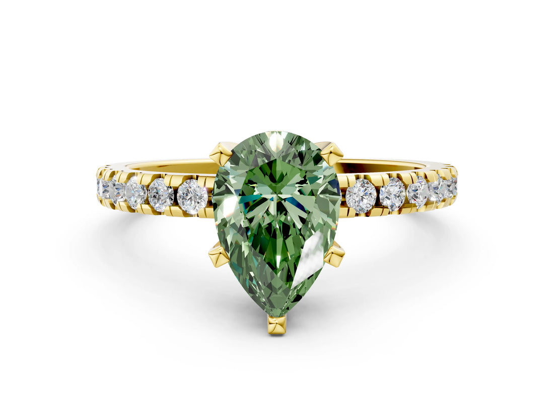 Yellow gold Fancy Green Pear Cut Diamond Solitaire Ring with Round  Pavé Band and Four-Prong Setting_36