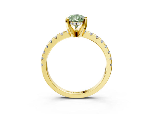 Yellow Gold Pear-Shaped Hidden Halo Solitaire Engagement Ring Setting for Fancy Green Center with Single Row Pave Band