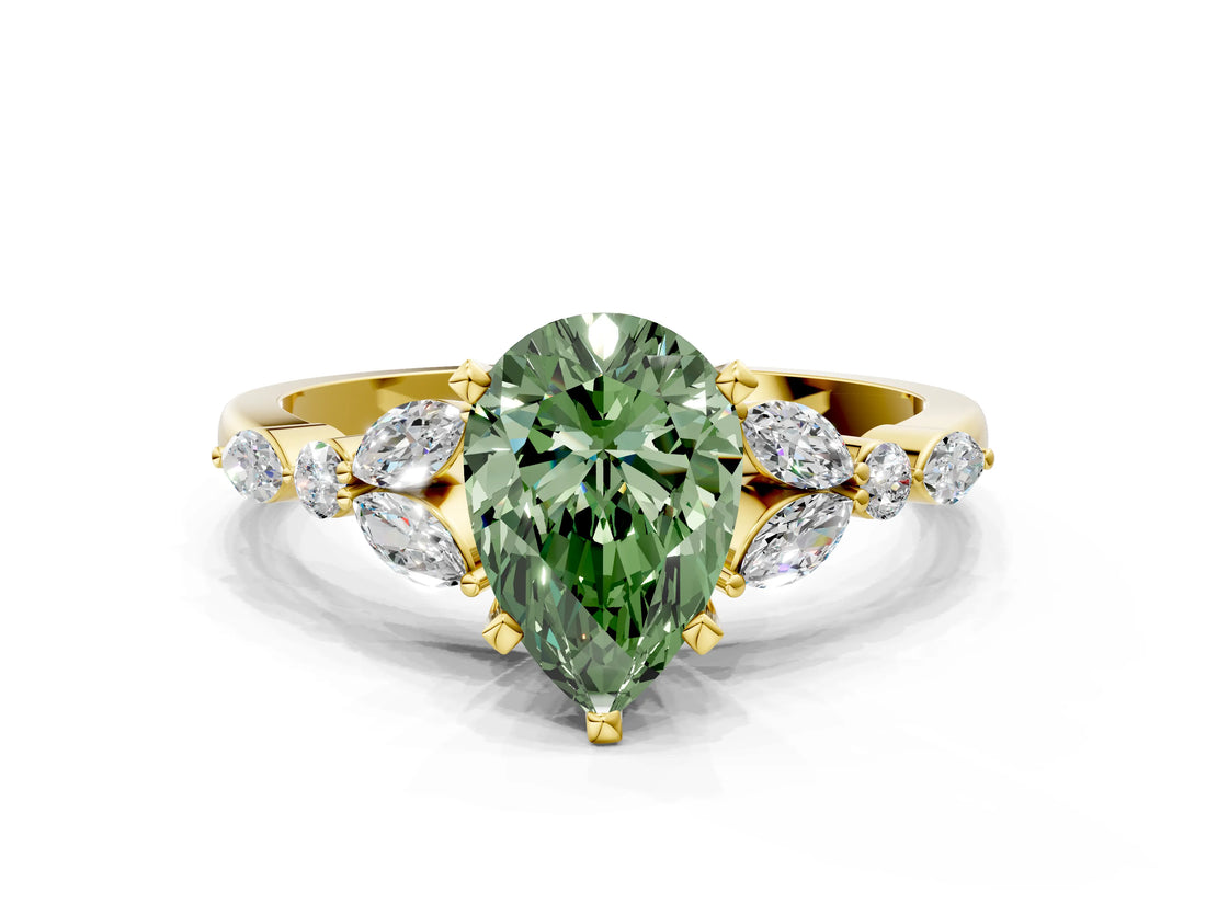 Yellow gold Fancy Green Pear Cut Diamond Solitaire Ring with Side Stones and Four-Prong Setting_56