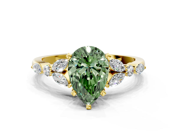 Yellow gold Fancy Green Pear Cut Diamond Solitaire Ring with Side Stones and Four-Prong Setting