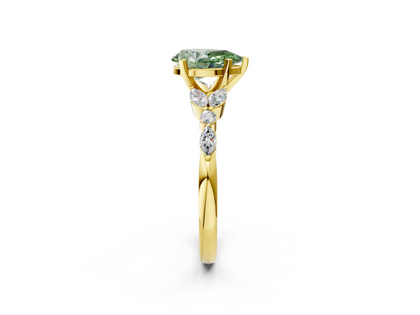Yellow gold Fancy Green Pear Cut Diamond Solitaire Ring with Side Stones and Four-Prong Setting