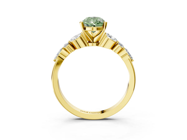 Yellow gold Fancy Green Pear Cut Diamond Solitaire Ring with Side Stones and Four-Prong Setting