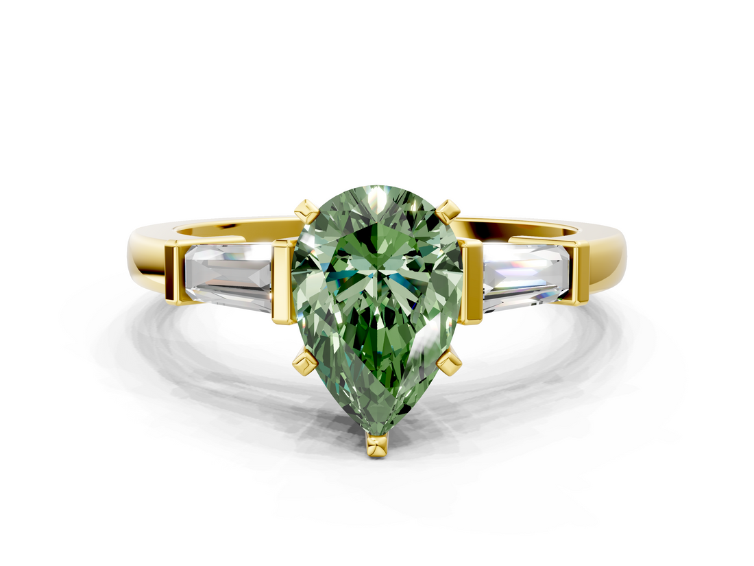 Yellow gold Fancy Green Pear  Cut Diamond Solitaire Ring with Tapered Baguette Accents and Four-Prong Setting_44