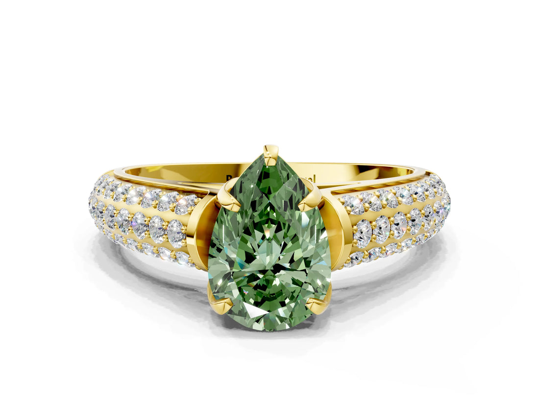 Yellow gold Fancy Green Pear Cut Diamond Solitaire Ring with Three-Row Pavé Band and Four-Prong Setting_37