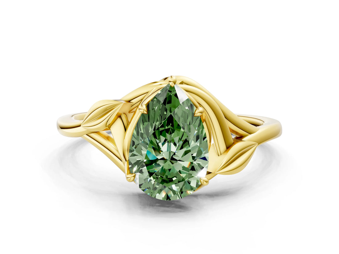 Yellow gold Fancy Green Pear Cut Diamond Solitaire Ring with Twist Band and Four-Prong Setting_71