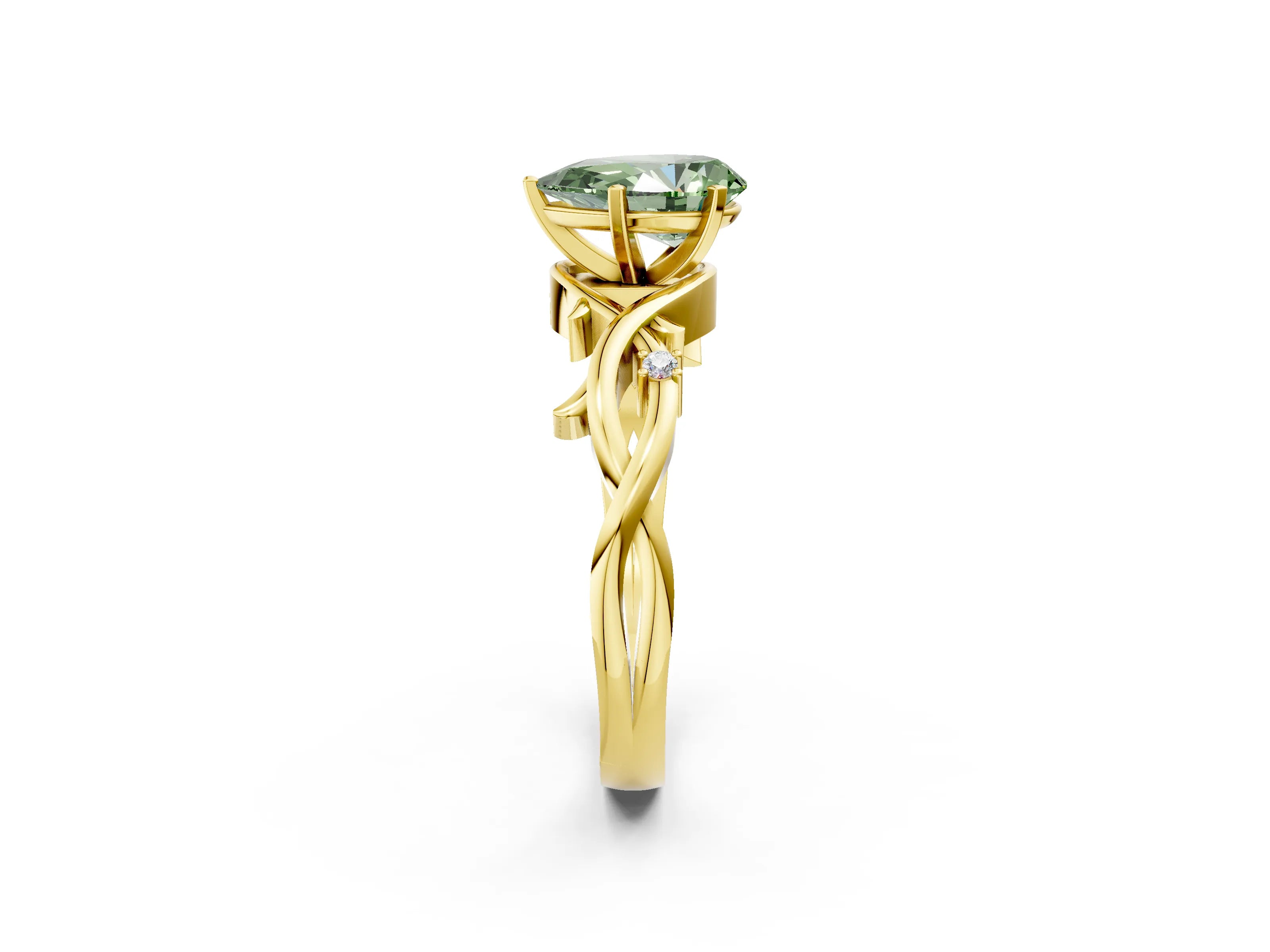 Yellow gold Fancy Green Pear Cut Diamond Solitaire Ring with Twisted Band and Prong Setting_222