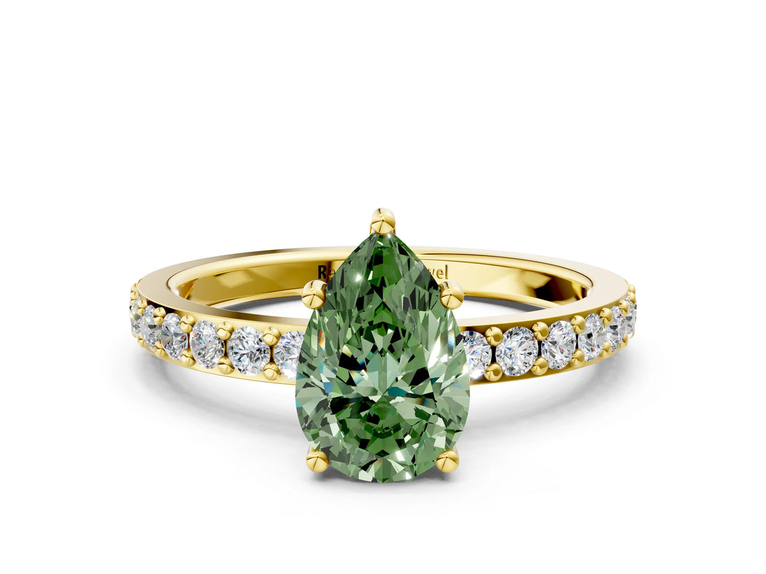 Yellow gold Fancy Green Pear  Cut Diamond Solitaire with Pave Band and Four-Prong Setting