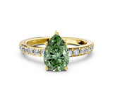 Yellow gold Fancy Green Pear  Cut Diamond Solitaire with Pave Band and Four-Prong Setting