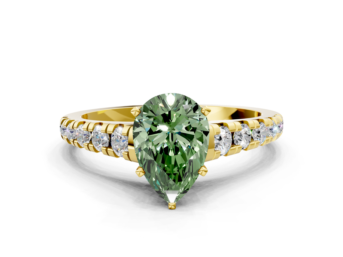 Yellow gold Fancy Green Pear  Cut Diamond Solitaire with Pave Band and Four-Prong Setting_111