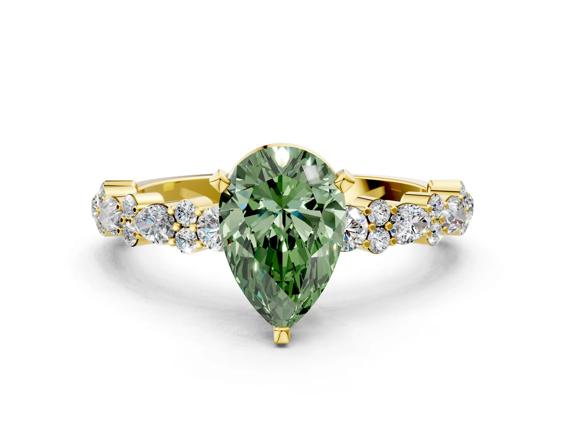 Yellow gold Fancy Green Pear Cut Diamond Solitaire with Side Stones, Pave Band, Four-Prong Setting_97