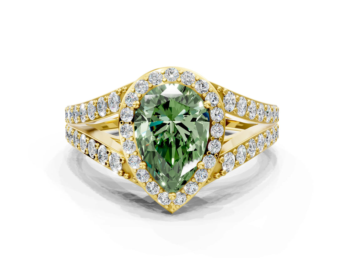 Yellow gold Fancy Green Pear Cut Diamond Split Shank Halo Ring with Four-Prong Setting_58