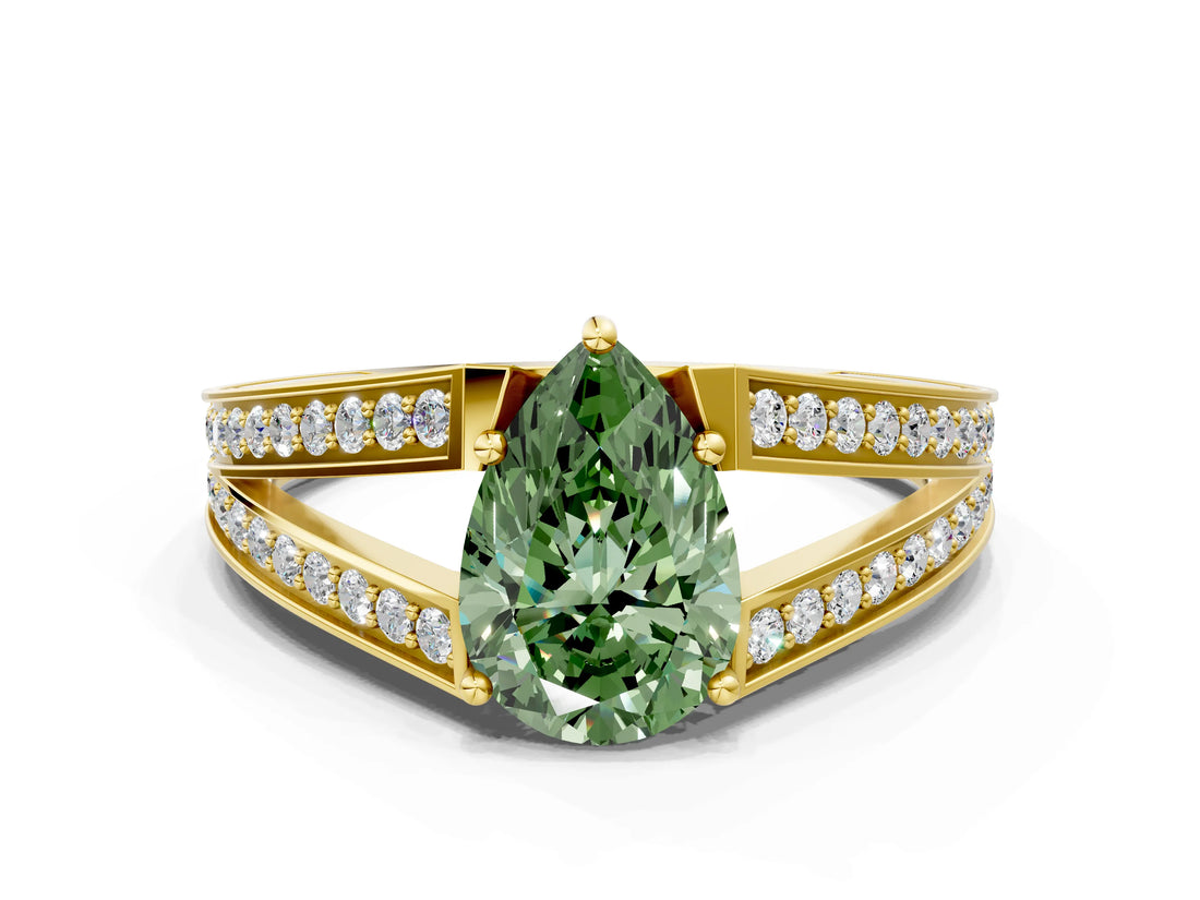Yellow gold Fancy Green Pear Cut Diamond Split Shank Ring with Pavé Band and Four-Prong Setting_44