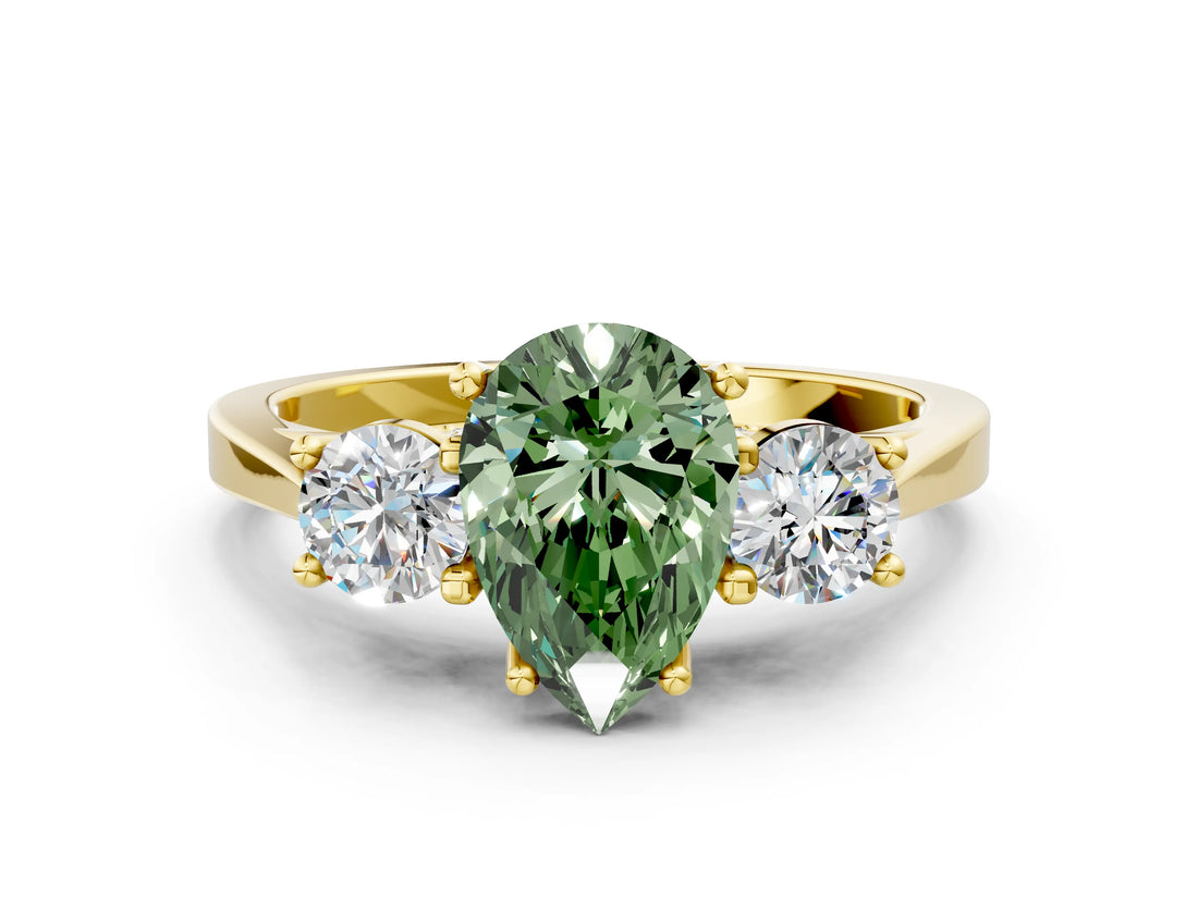Yellow gold Fancy Green Pear Cut Diamond Three-Stone Engagement Ring with Prong Setting and Pavé Band