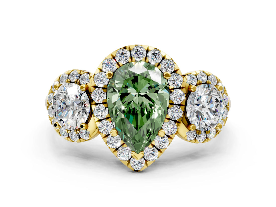 Yellow gold Fancy Green Pear Cut Diamond Three-Stone Halo Ring with Prong Setting and Pavé Accents