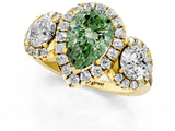 Yellow gold Fancy Green Pear Cut Diamond Three-Stone Halo Ring with Prong Setting and Pavé Accents_1