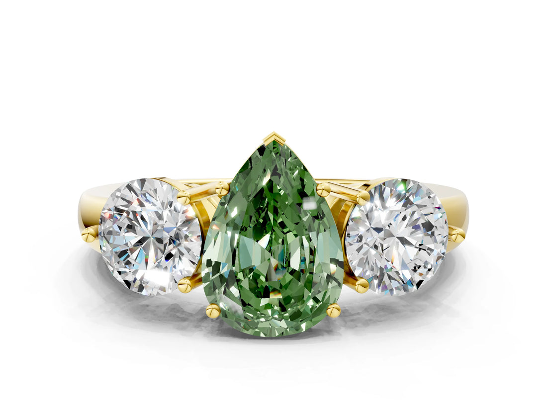 Yellow gold Fancy Green Pear Cut Diamond Three-Stone Ring with Prong Setting and Classic Band_121