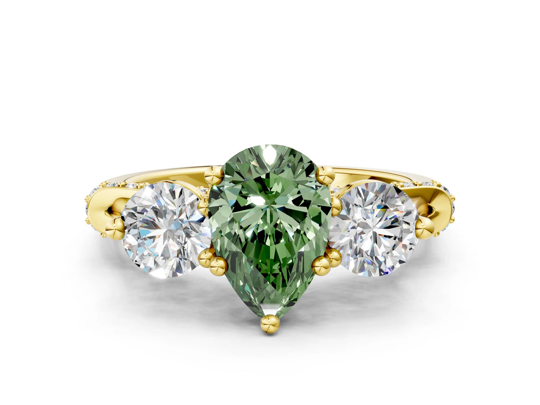 Yellow gold Fancy Green Pear Cut Diamond Three-Stone Ring with Prong Setting and Pavé Band