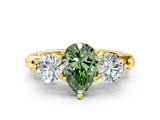 Yellow gold Fancy Green Pear Cut Diamond Three-Stone Ring with Prong Setting and Pavé Band