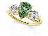 Yellow gold Fancy Green Pear Cut Diamond Three-Stone Ring with Prong Setting and Pavé Band_1