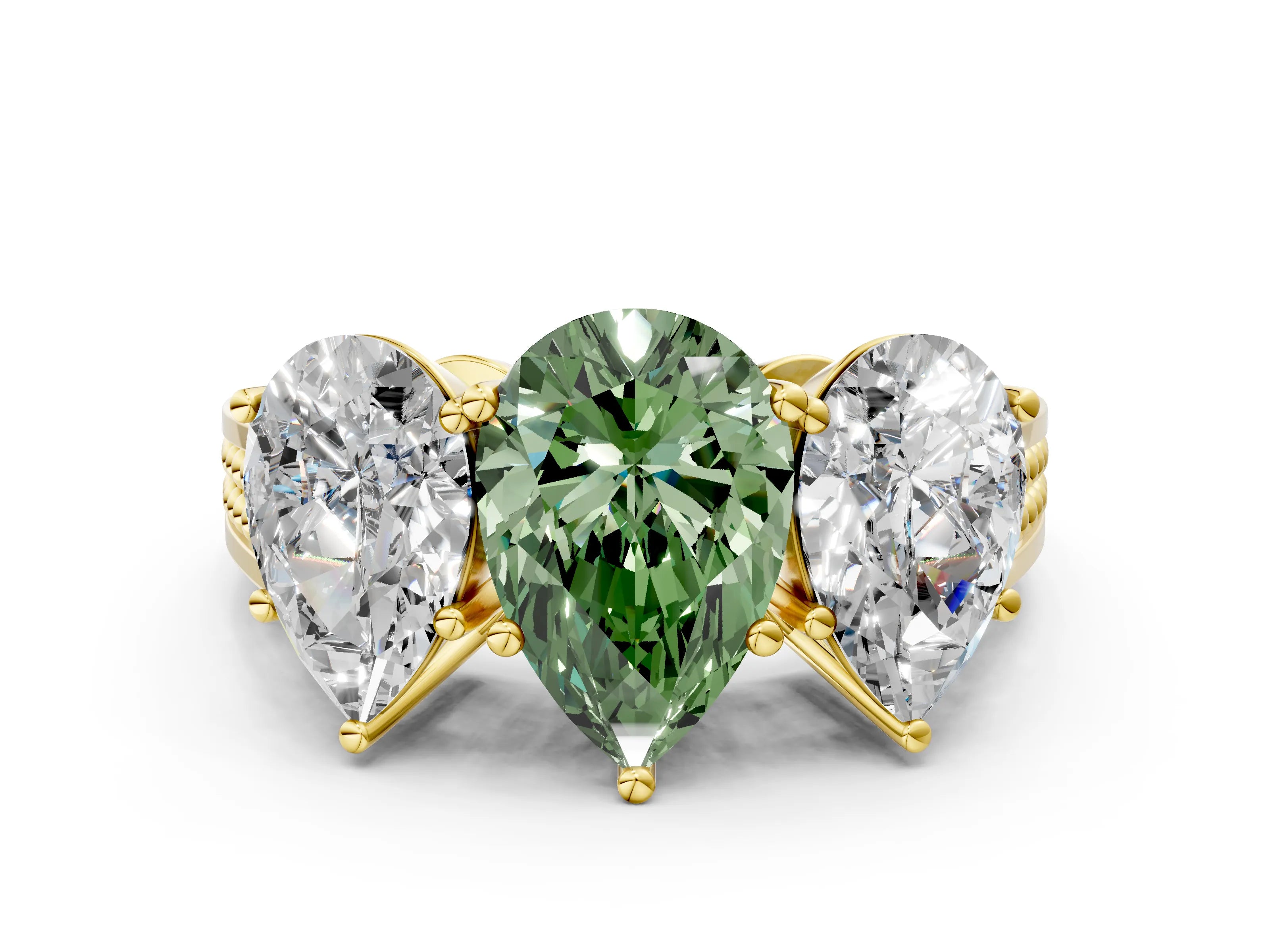Yellow gold Fancy Green Pear Cut Diamond Three-Stone Ring with Prong Setting and Textured Band_12
