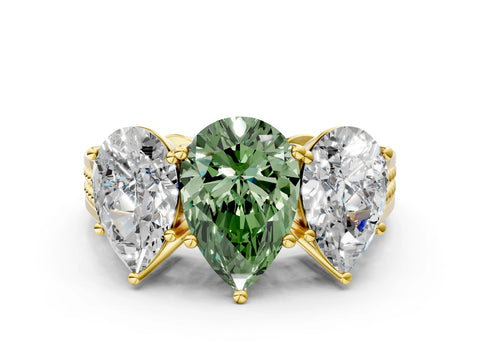 Yellow gold Fancy Green Pear Cut Diamond Three-Stone Ring with Prong Setting and Textured Band_12