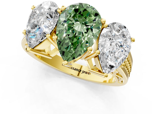 Yellow gold Fancy Green Pear Cut Diamond Three-Stone Ring with Prong Setting and Textured Band