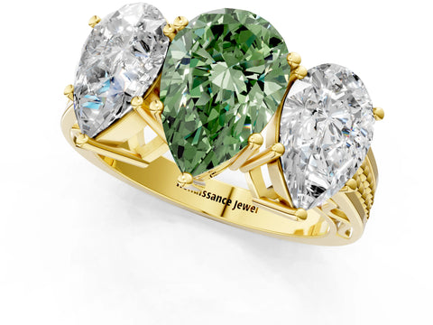 Yellow gold Fancy Green Pear Cut Diamond Three-Stone Ring with Prong Setting and Textured Band_13