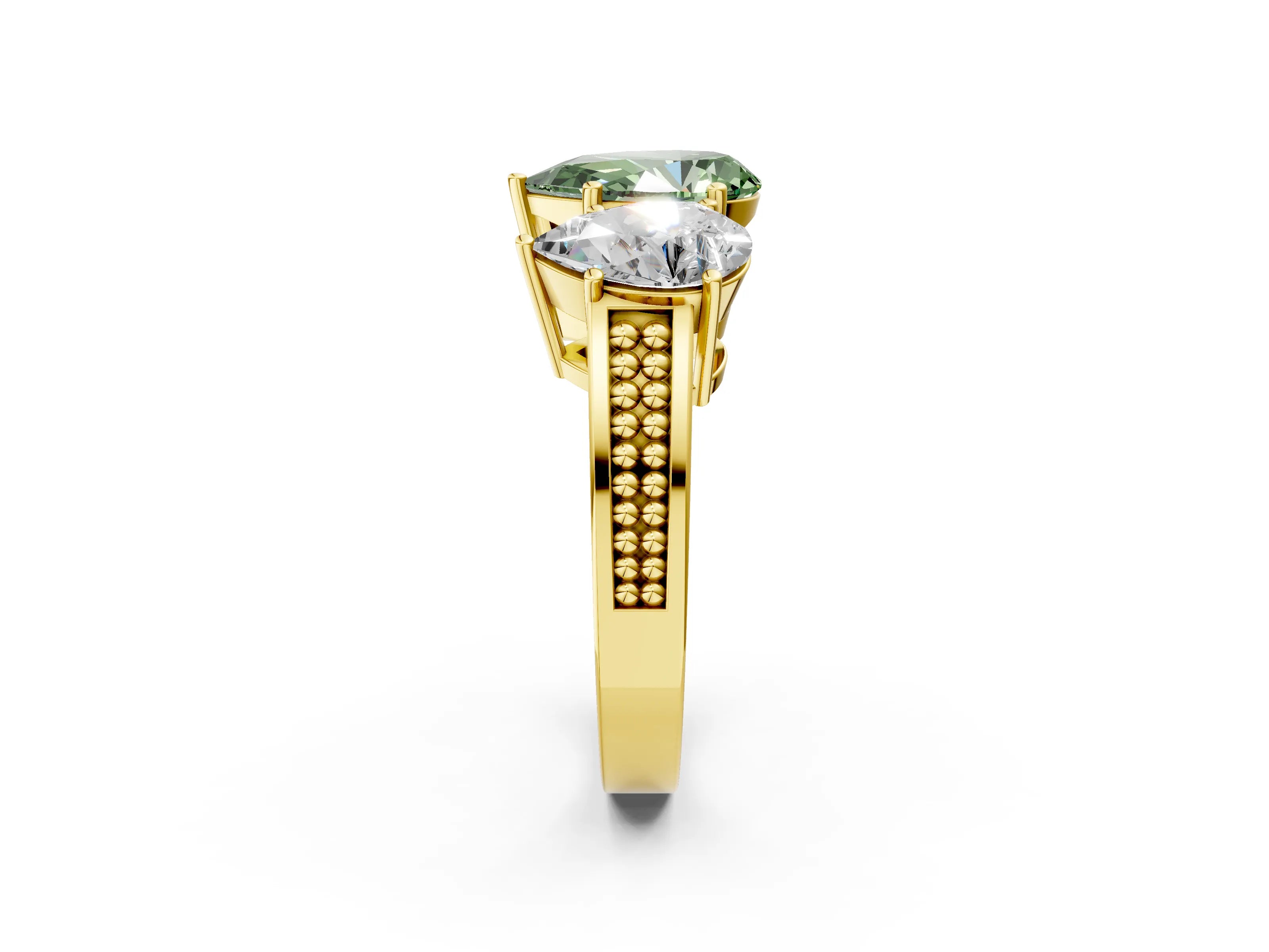 Yellow gold Fancy Green Pear Cut Diamond Three-Stone Ring with Prong Setting and Textured Band_14