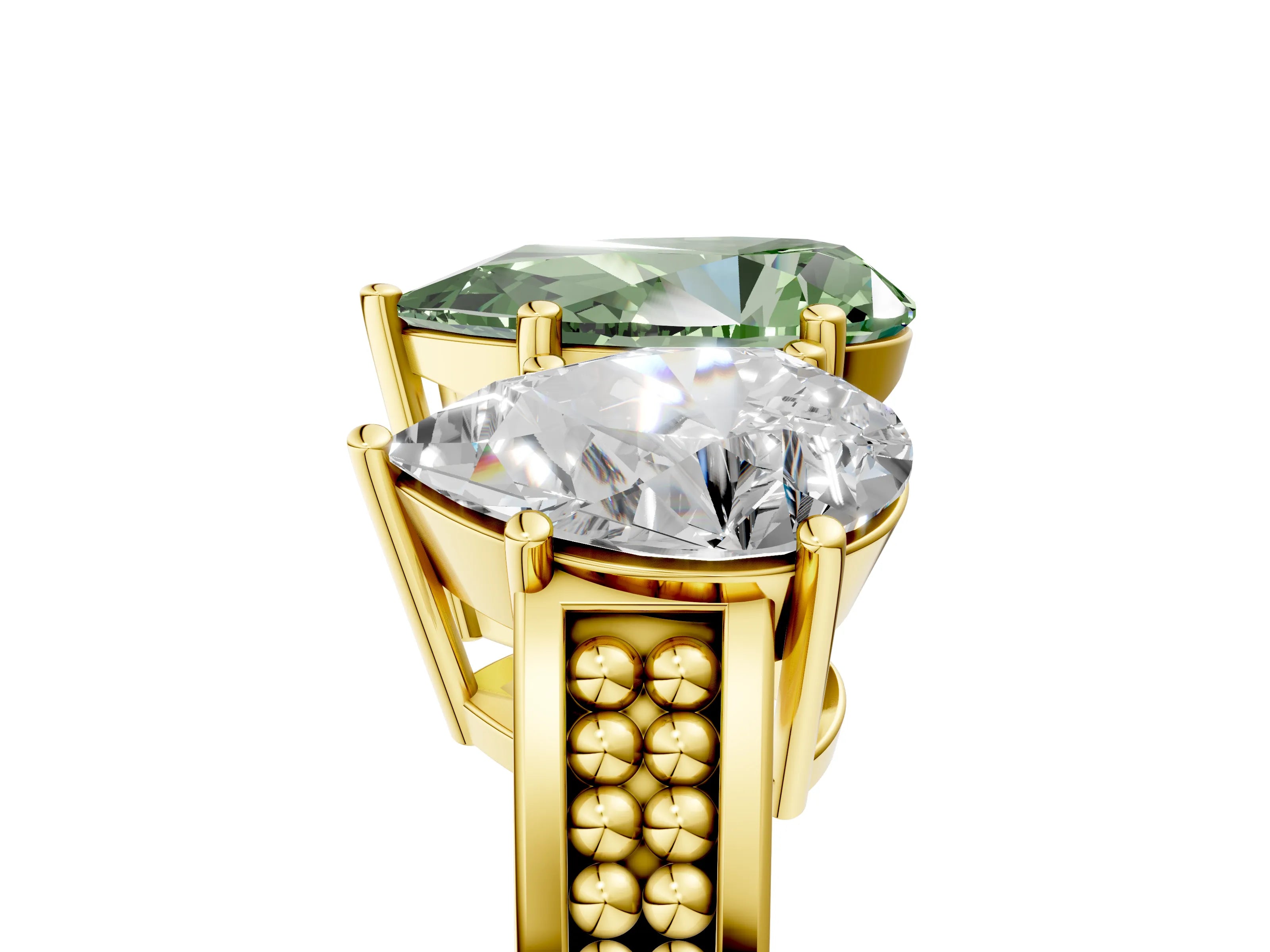 Yellow gold Fancy Green Pear Cut Diamond Three-Stone Ring with Prong Setting and Textured Band_17