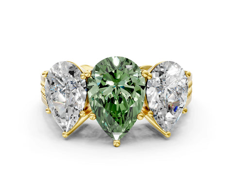 Yellow gold Fancy Green Pear Cut Diamond Three-Stone Ring with Prong Setting and Textured Band_24