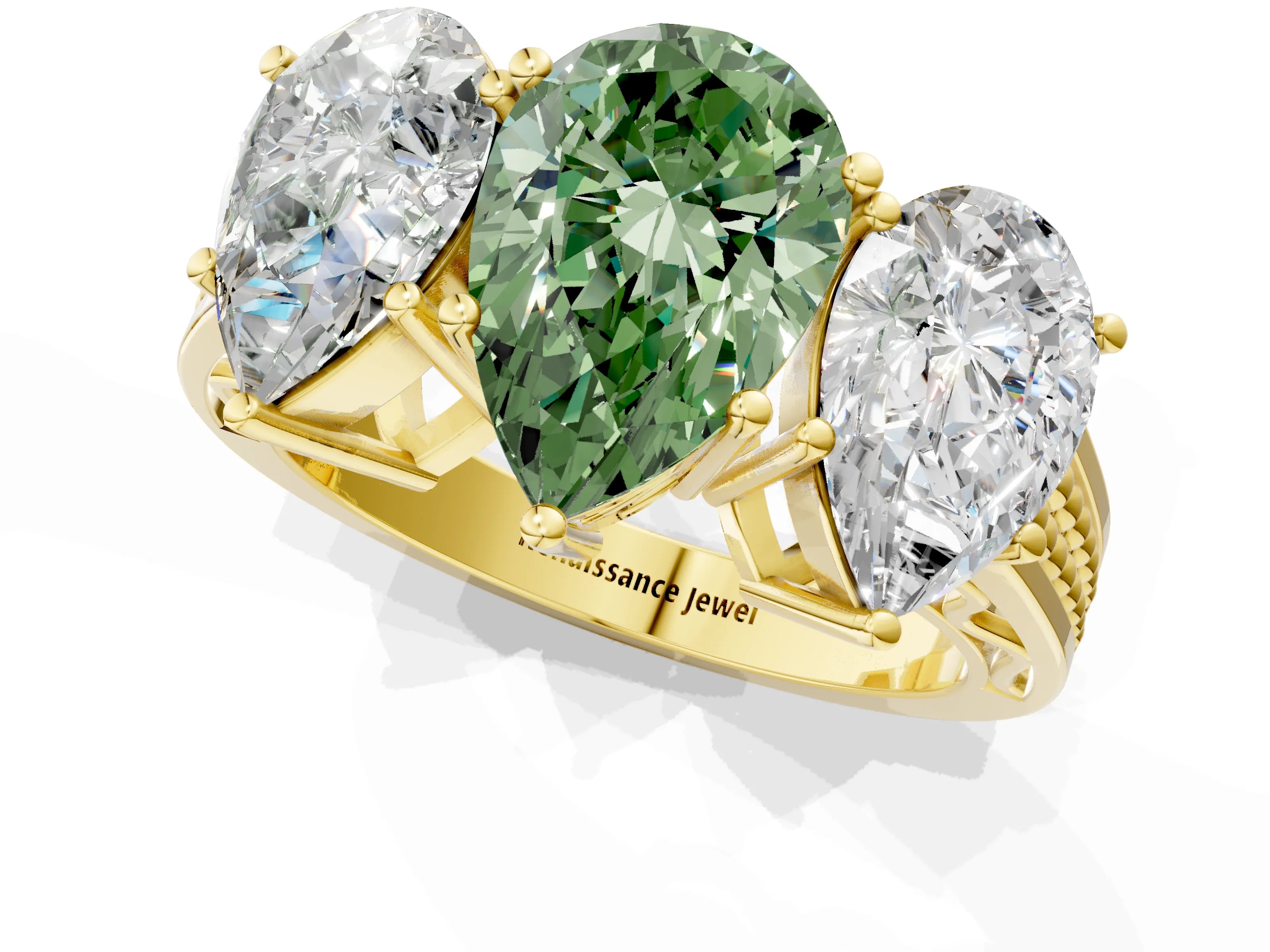Yellow gold Fancy Green Pear Cut Diamond Three-Stone Ring with Prong Setting and Textured Band_25