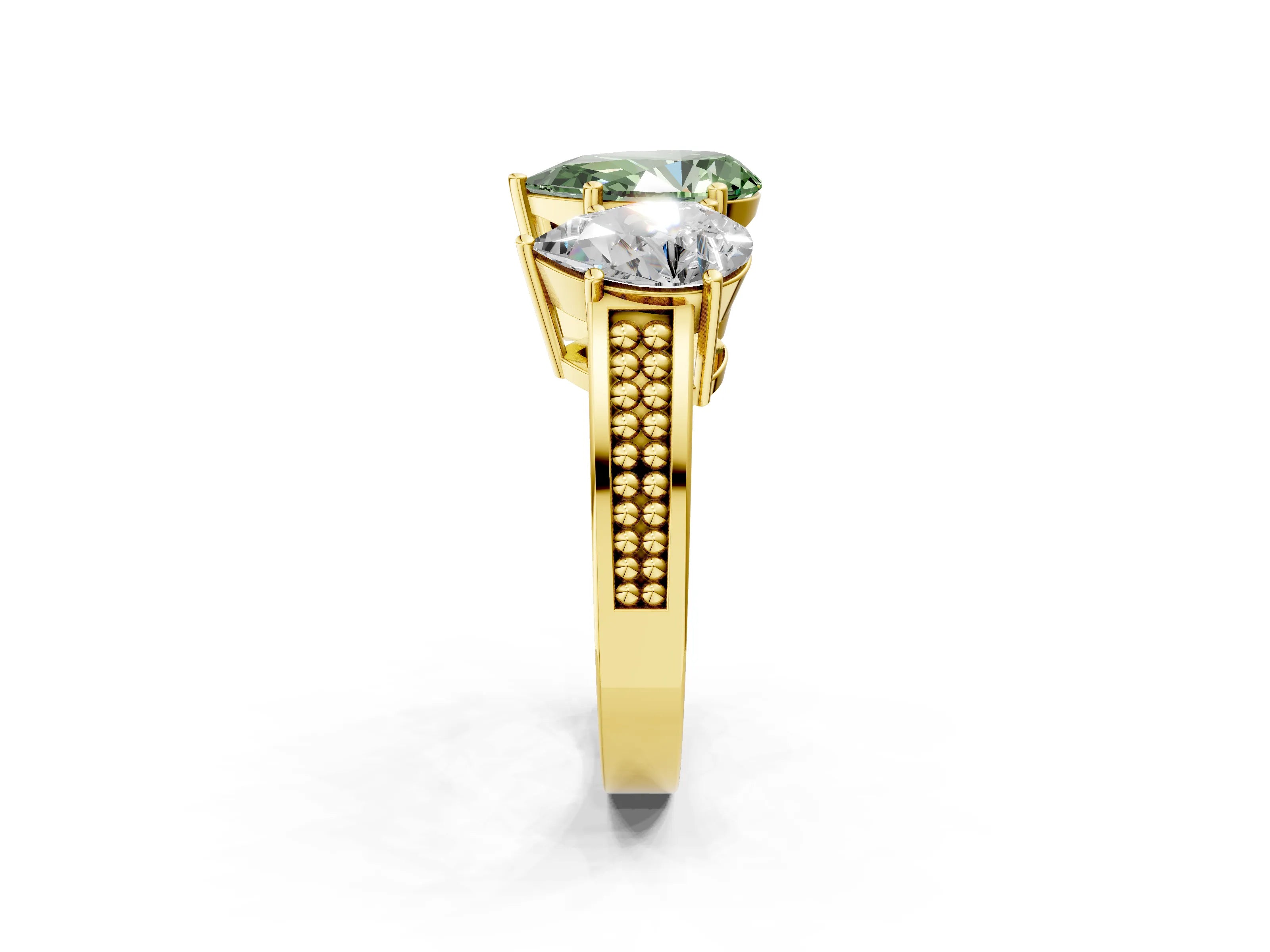 Yellow gold Fancy Green Pear Cut Diamond Three-Stone Ring with Prong Setting and Textured Band_26