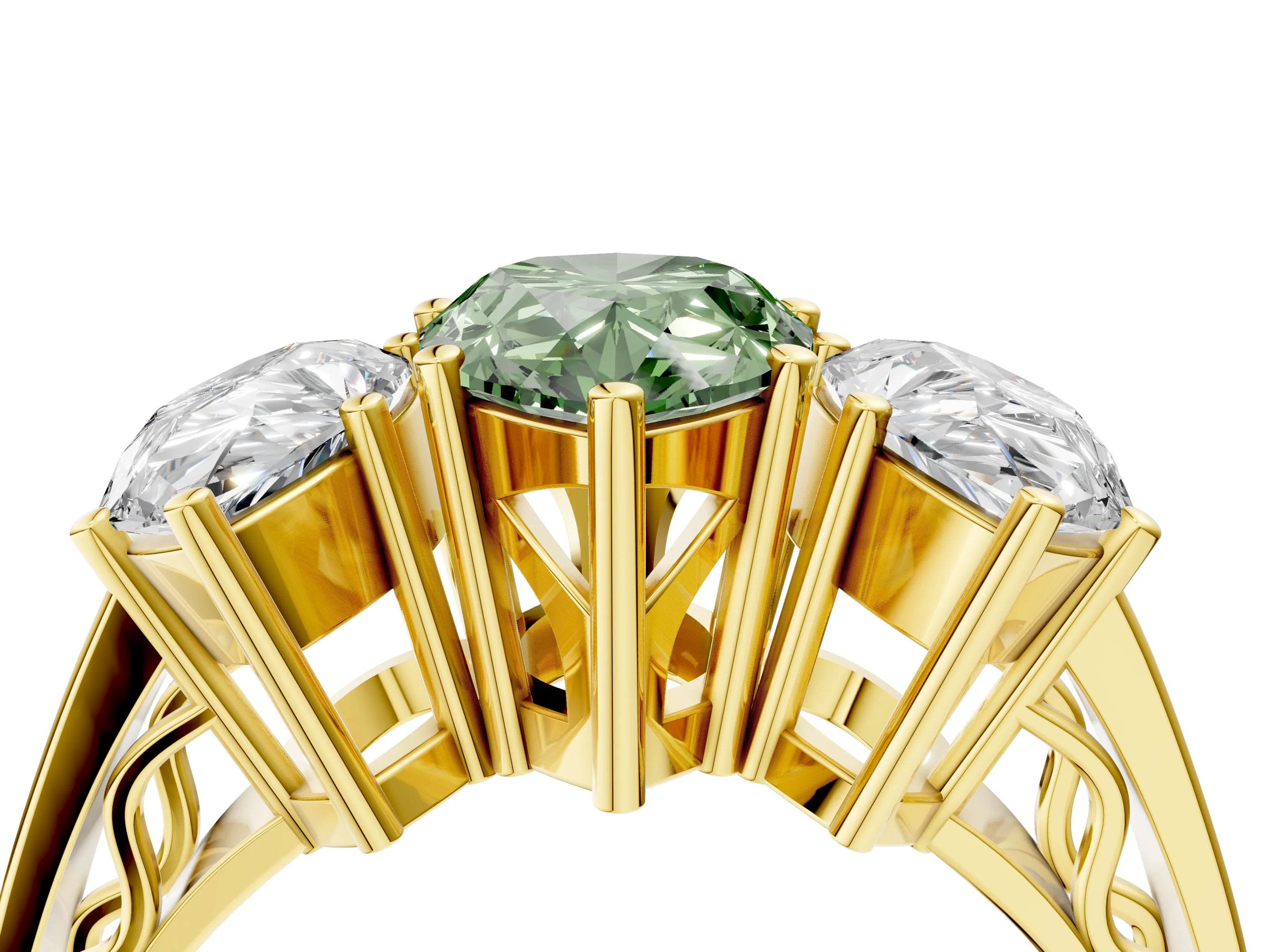 Yellow gold Fancy Green Pear Cut Diamond Three-Stone Ring with Prong Setting and Textured Band_28
