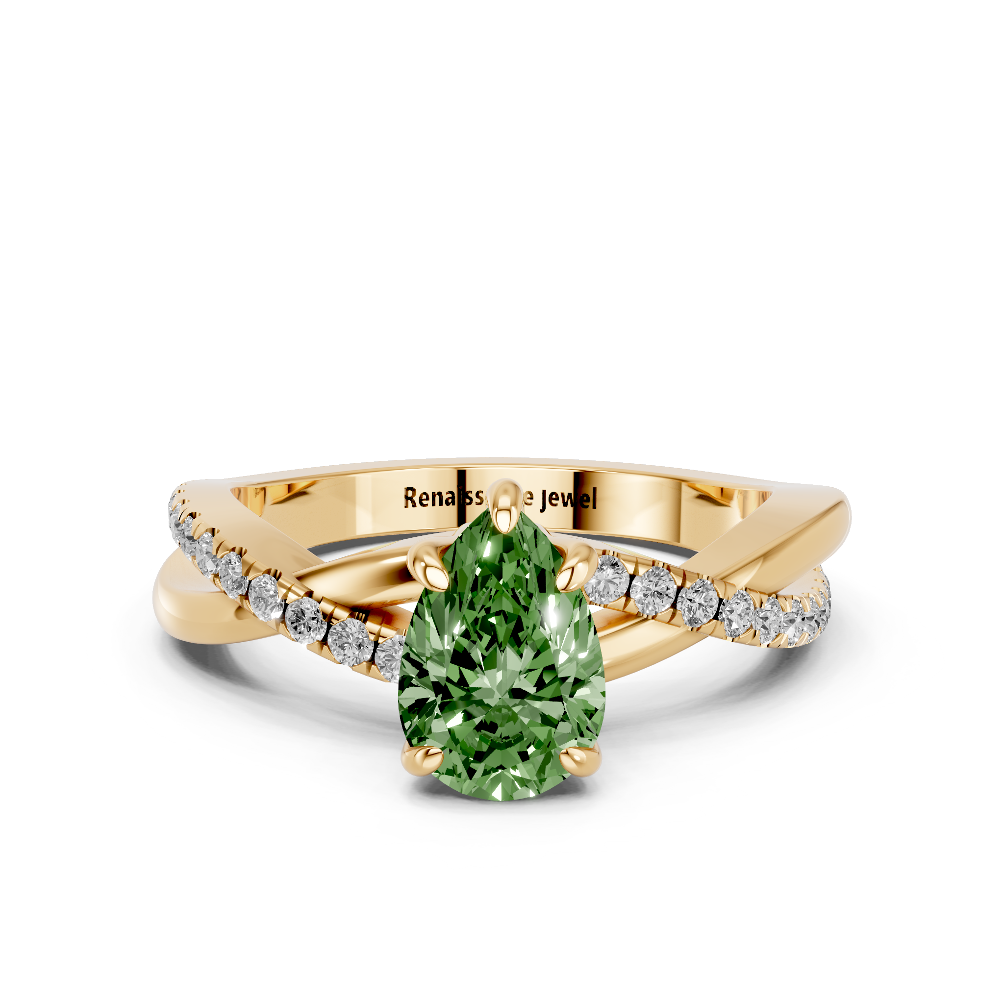 Yellow gold Fancy Green Pear  Cut Diamond Twist Band Solitaire with Prong Setting_11