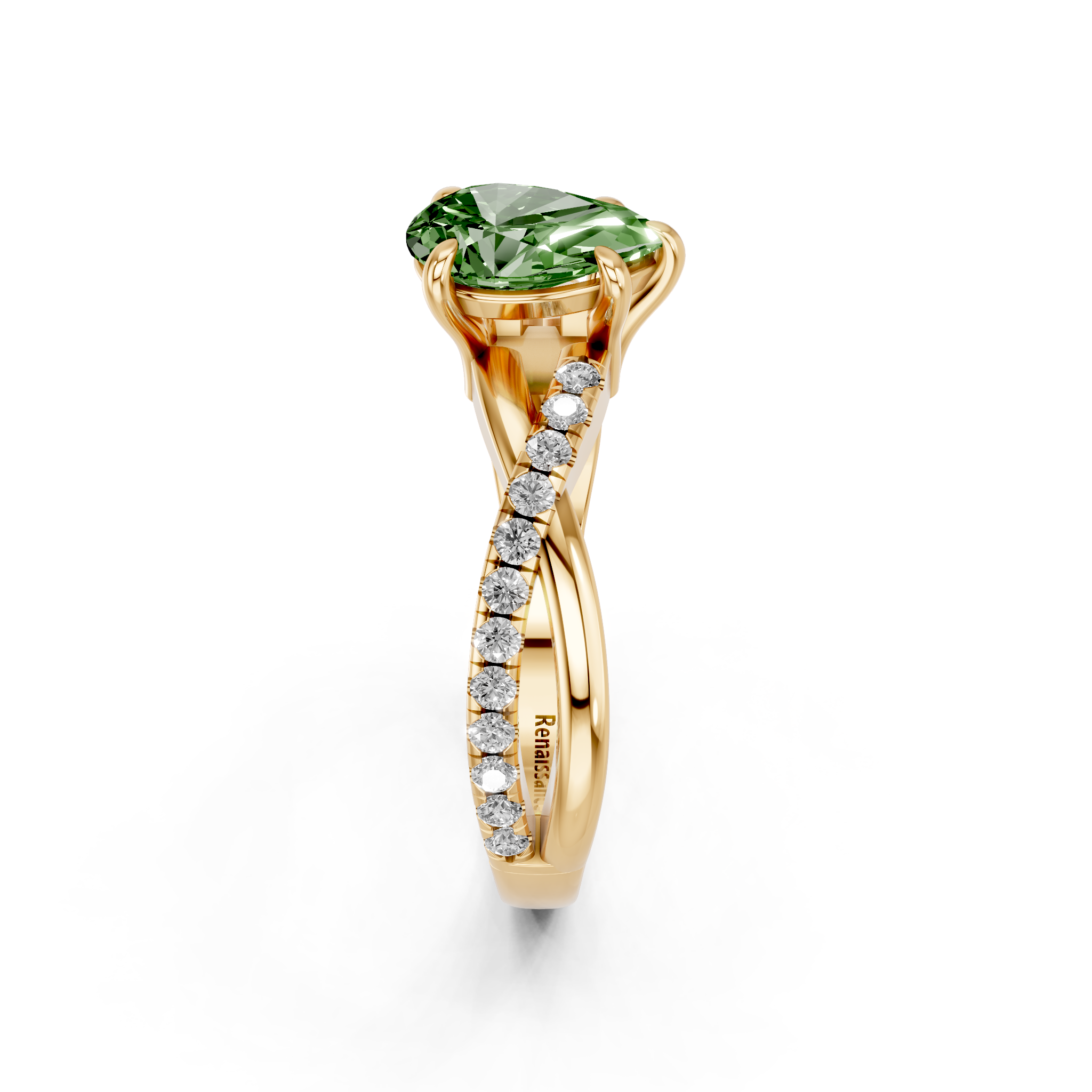 Yellow gold Fancy Green Pear  Cut Diamond Twist Band Solitaire with Prong Setting_4